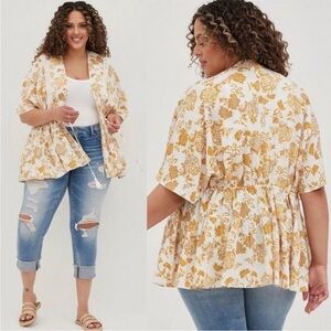 Torrid Ruffle Kimono Jacket Womens sz 5 5X Golden Yellow Floral Tassel Rayon